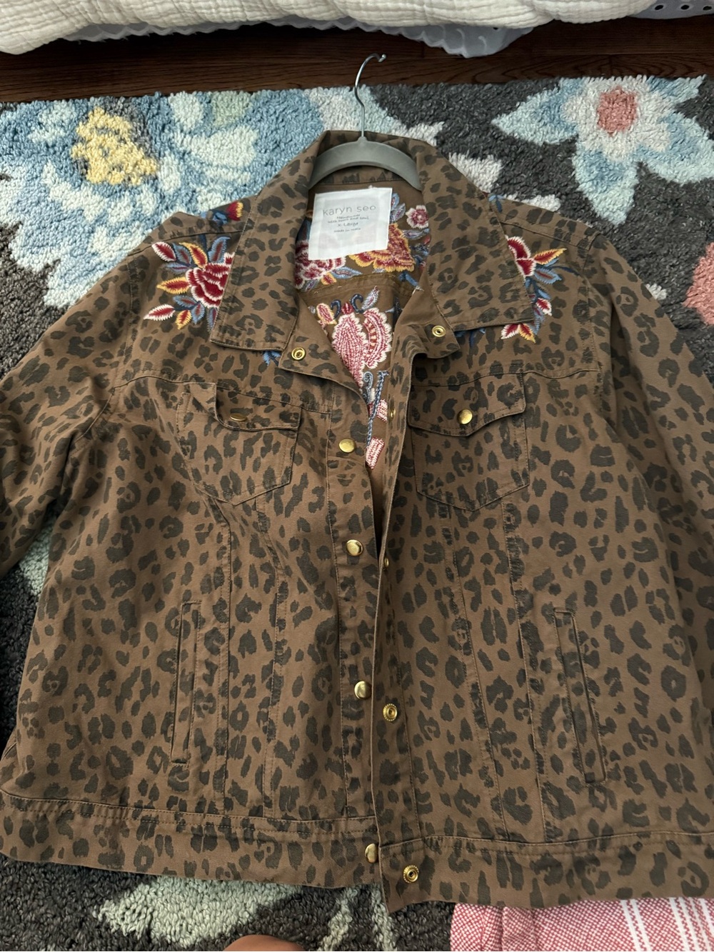 Karyn-Seo Brown Leopard-Print Embroidered Jean Jacket